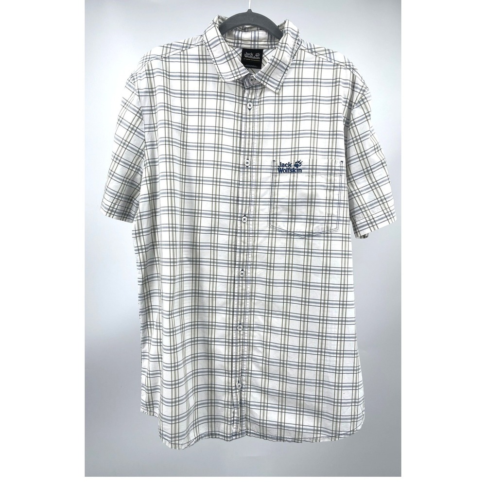 Jack Wolfskin Shirt Mens L White Blue Plaid Organic Cotton Hiking Outdoor
